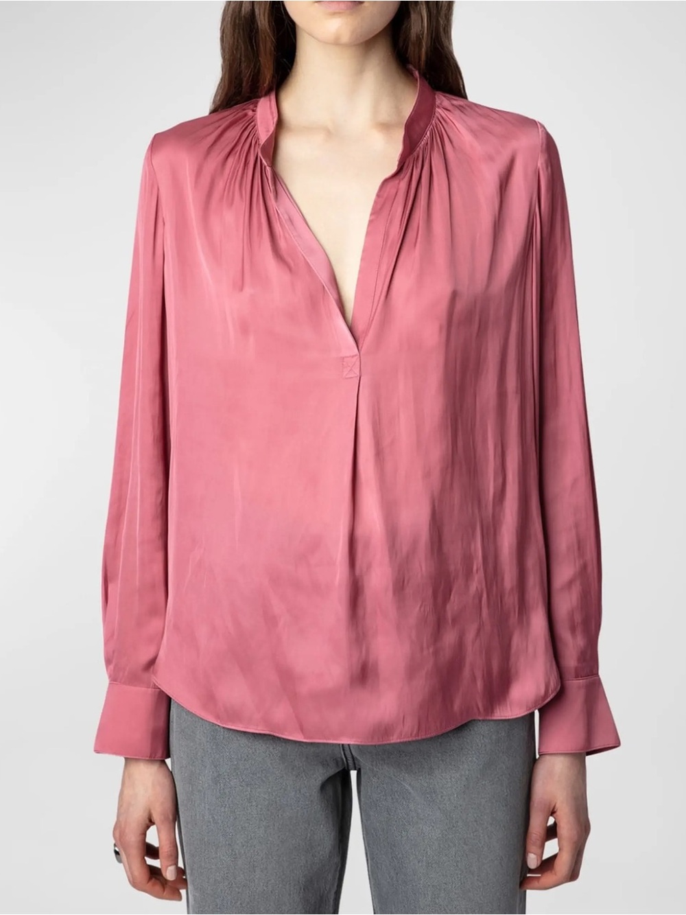 Zadig & Voltaire Tink Satin Long Sleeve Mandarin Collar Pink Tunic Blouse Size M